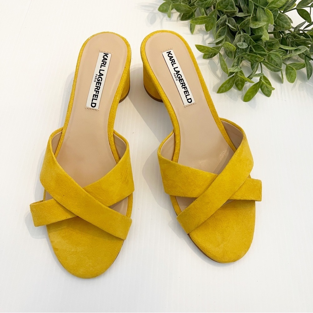 Karl Lagerfeld Yellow Suede Crisscross Slide Sandals